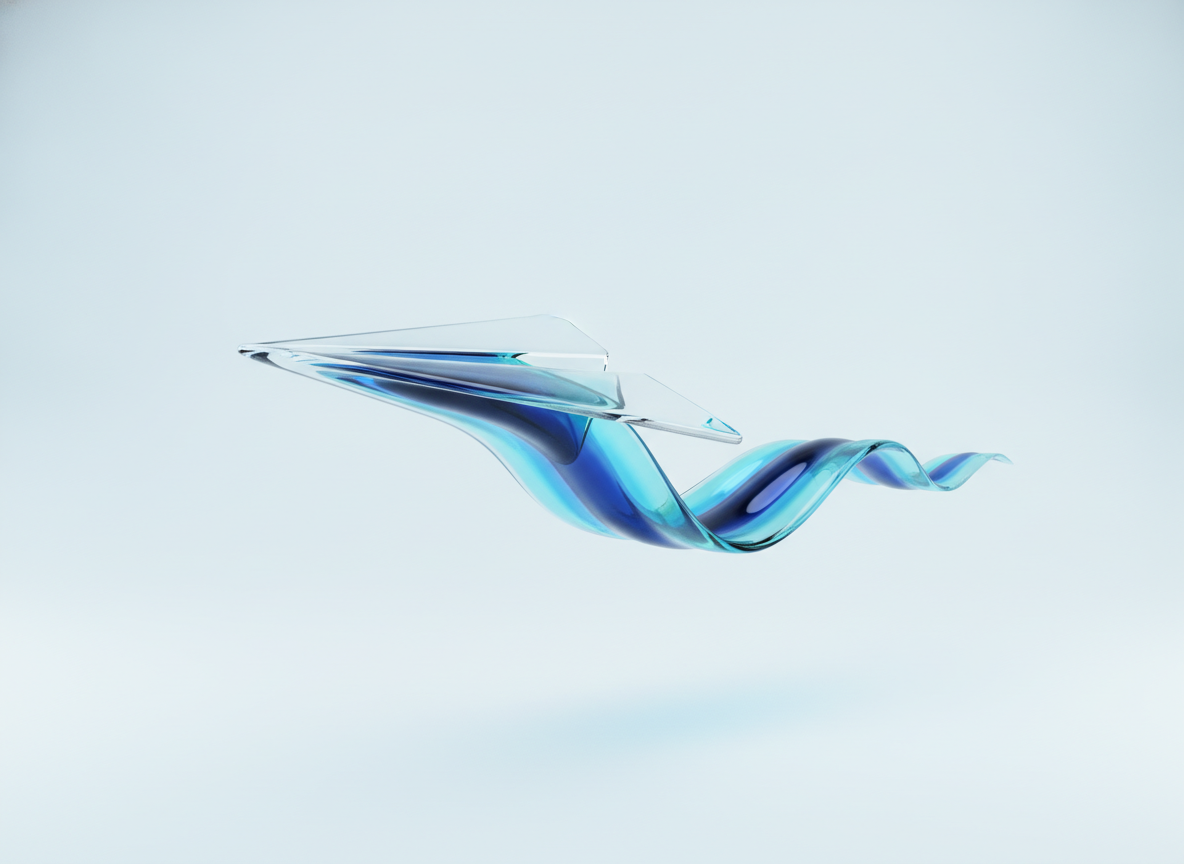 Glass paper plane with a liquid wave trail